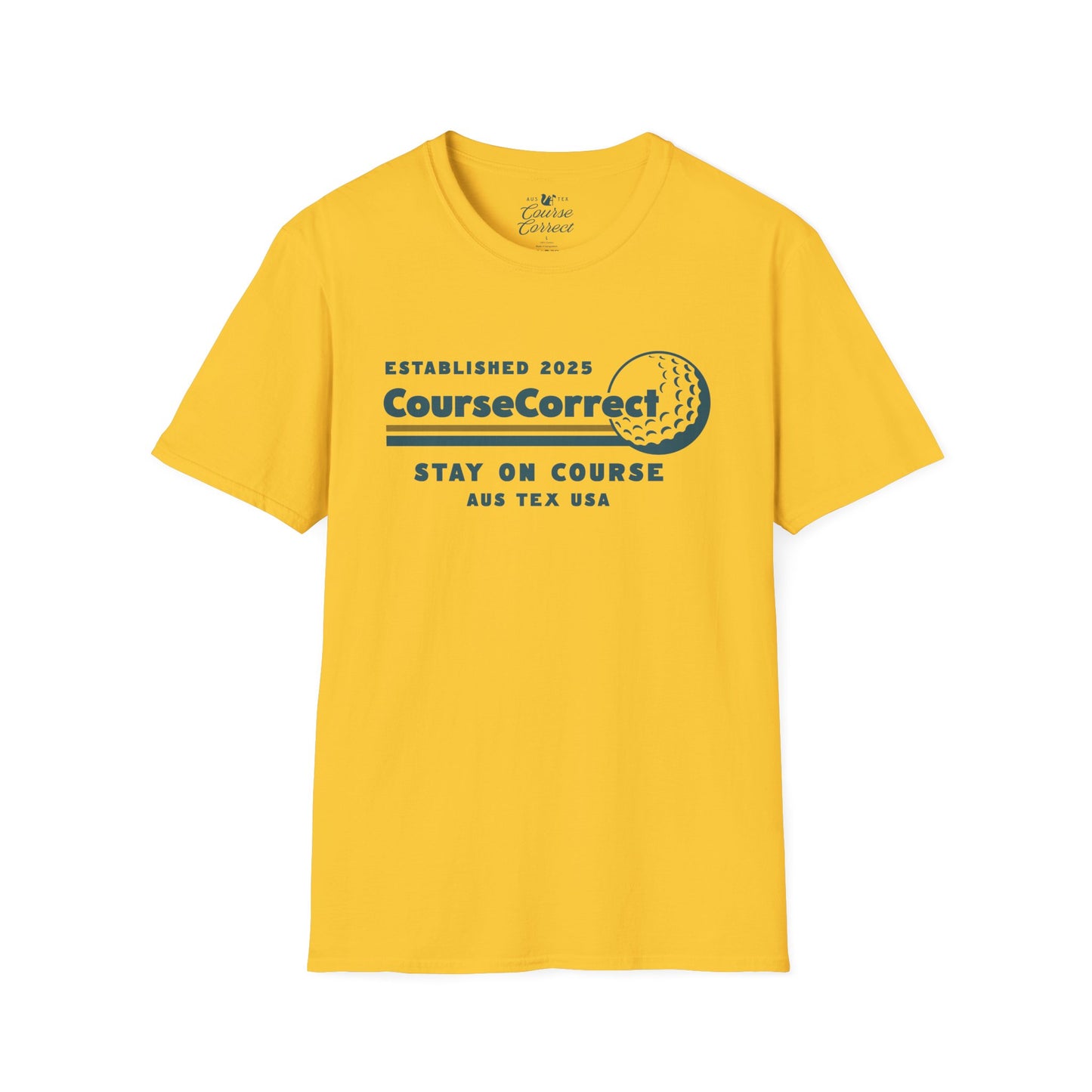 Course Correct Golf - Mini Golf Sunset Tee - Gold t-shirt - Front