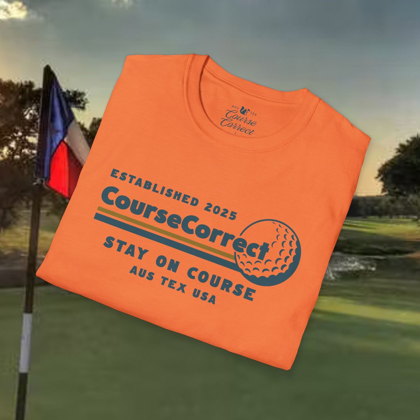 Course Correct Golf - Mini Golf Sunset Tee - Orange t-shirt - Fold
