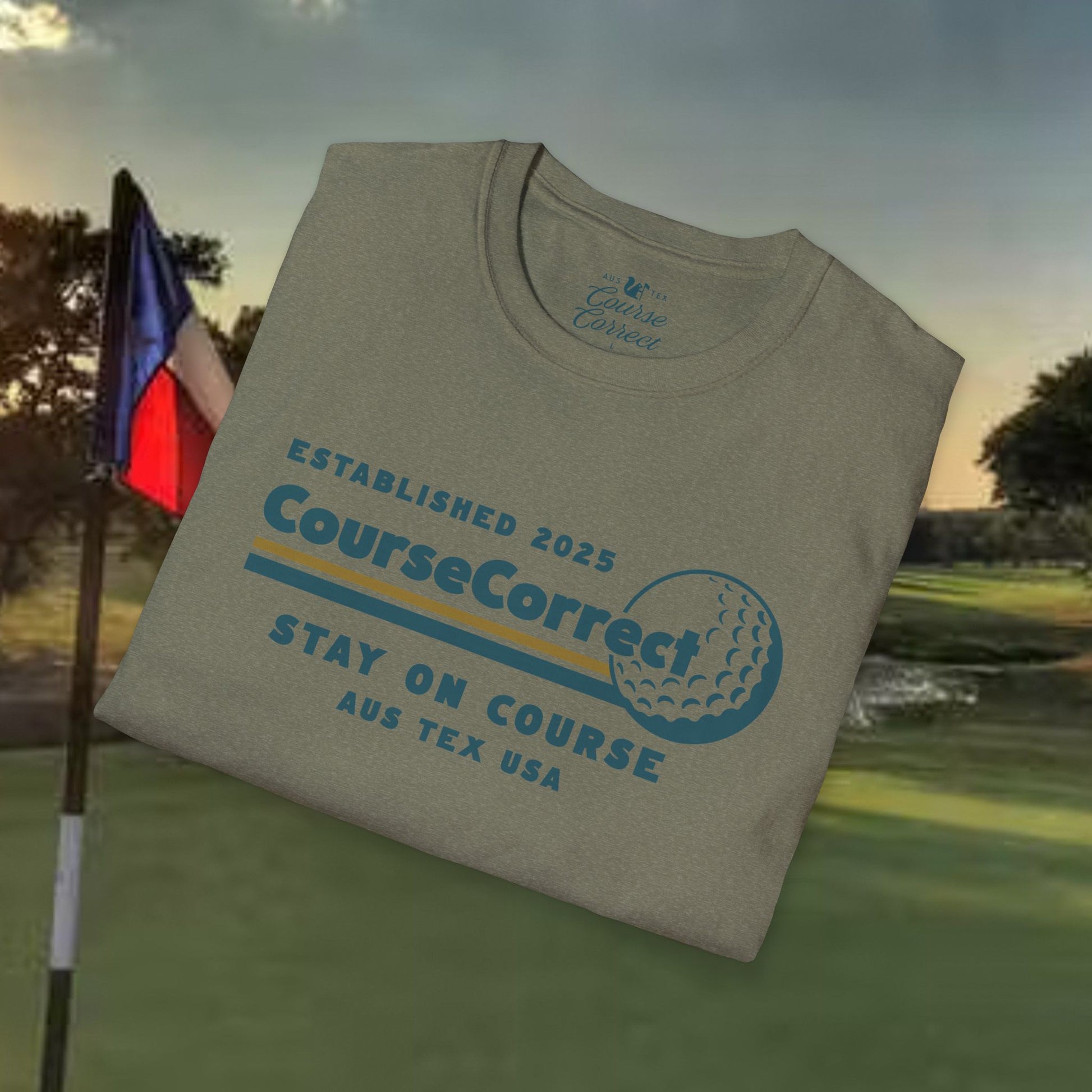 Course Correct Golf - Mini Golf Sunset Tee - Army Green t-shirt - Neck