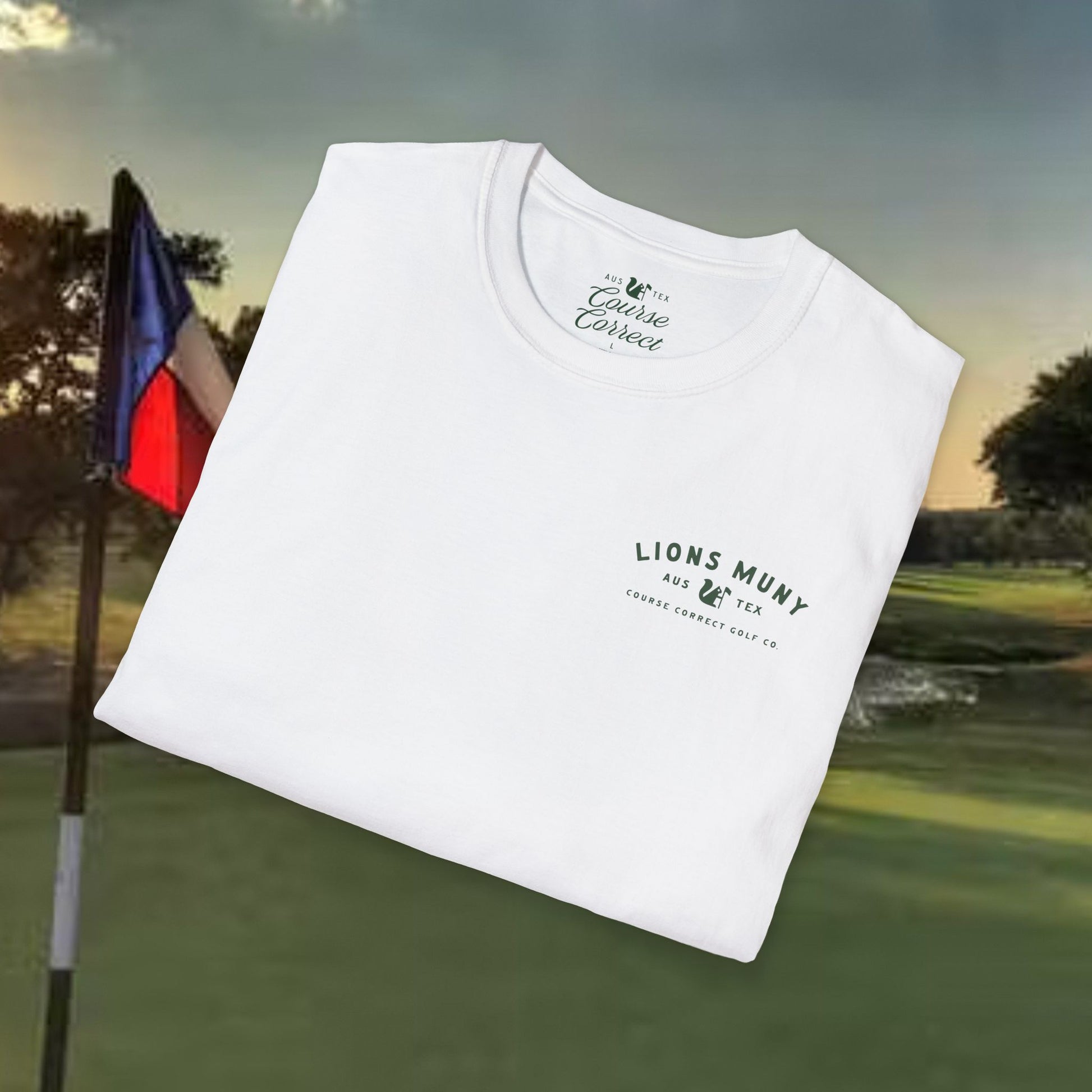 Course Correct Golf - Lions Muny Golf Tee - White t-shirt - Neck