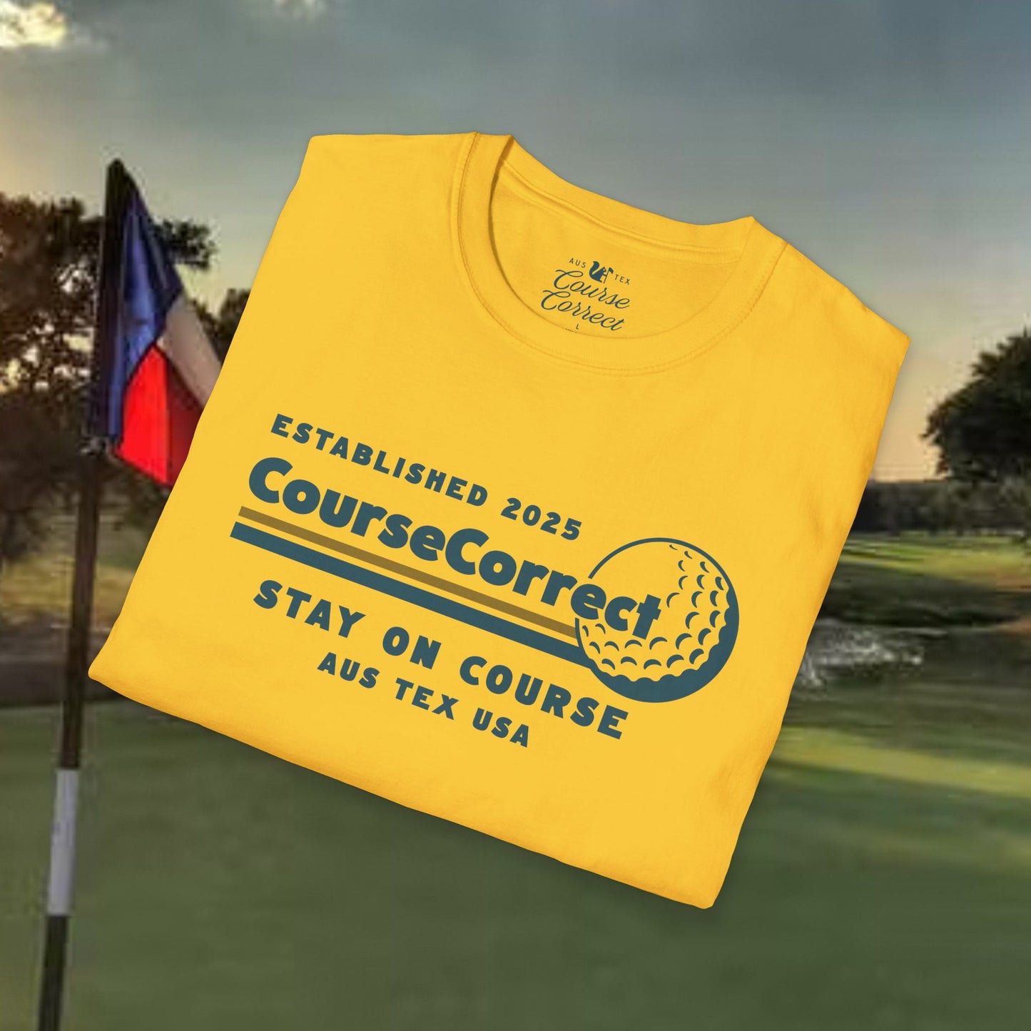 Course Correct Golf - Mini Golf Sunset Tee - Gold t-shirt - Fold