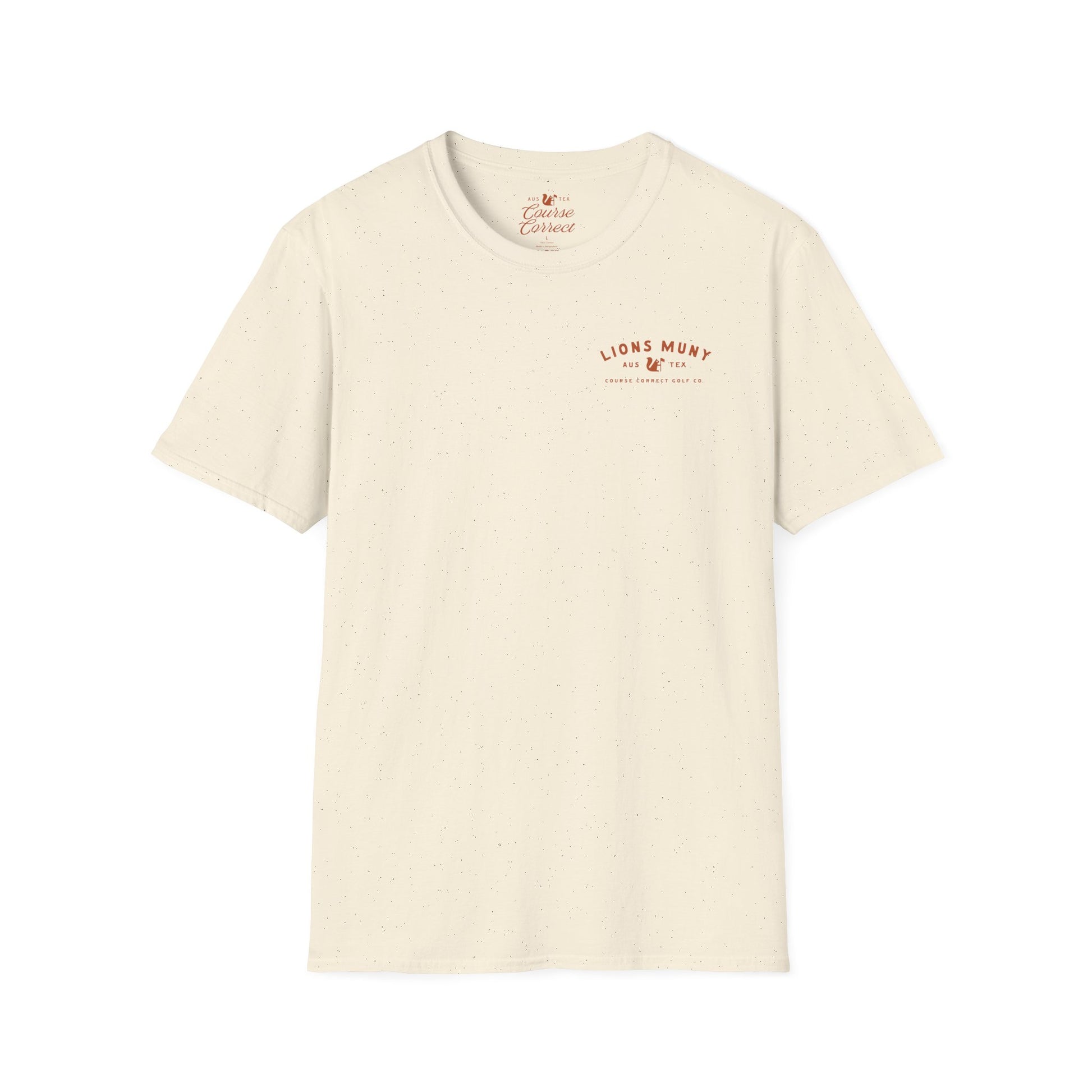 Course Correct Golf - Lions Muny Golf Tee - Cream t-shirt - Front 