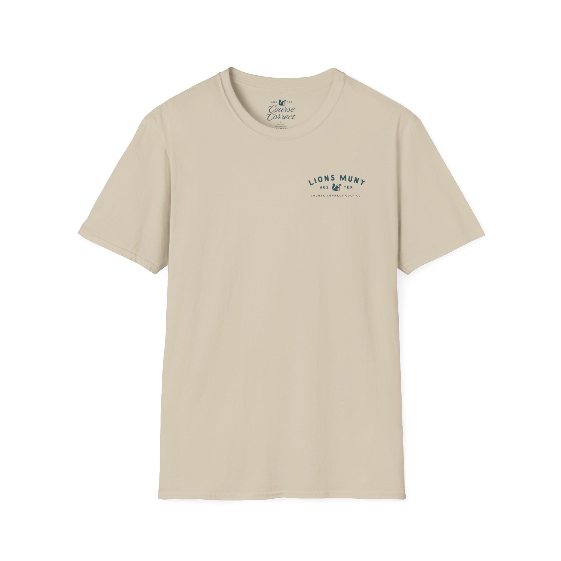 Course Correct Golf - Lions Muny Golf Tee - Tan t-shirt - Front