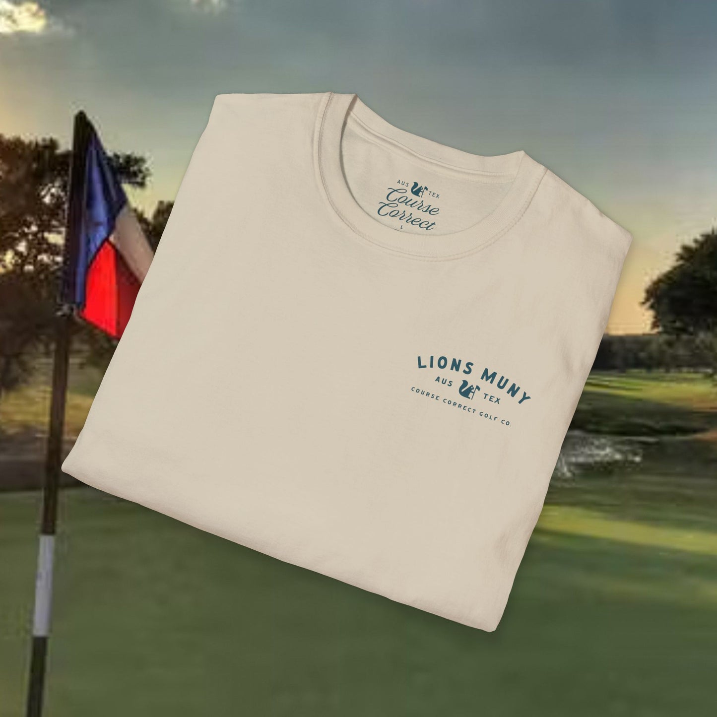 Course Correct Golf - Lions Muny Golf Tee - Tan t-shirt - Fold