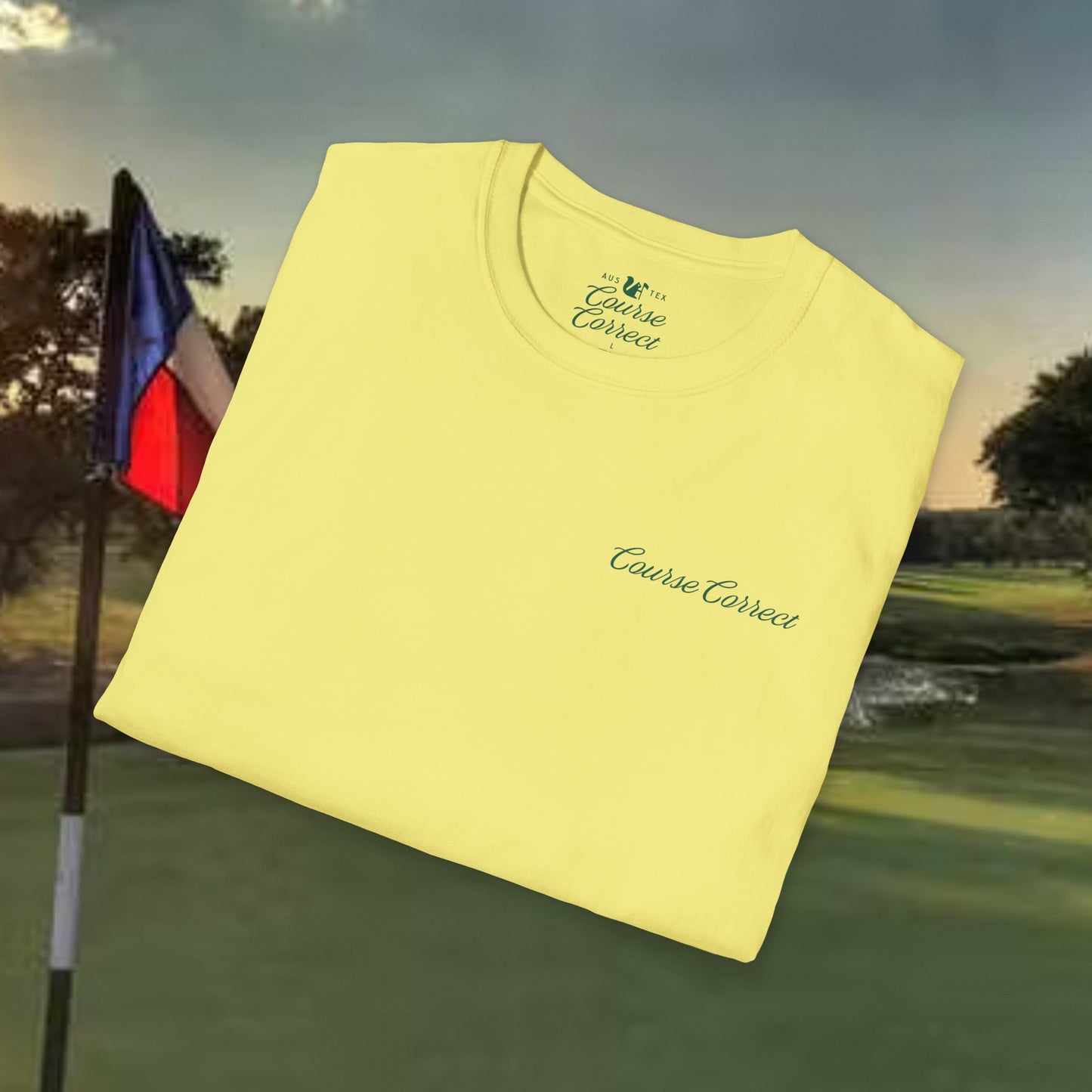 Course Correct Golf - Walking Bag Golf Tee - Yellow t-shirt - Neck