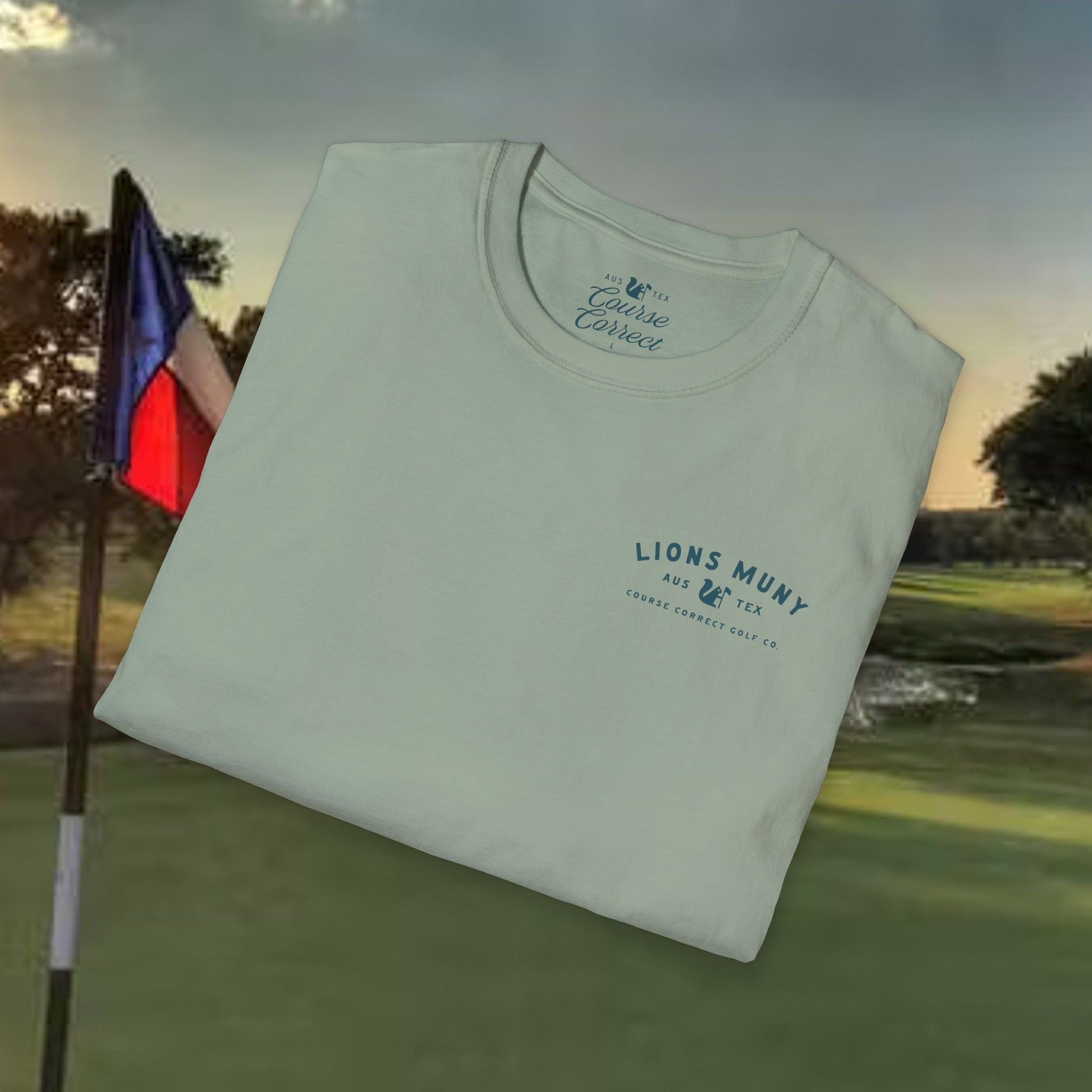 Course Correct Golf - Lions Muny Golf Tee - Green t-shirt - Fold