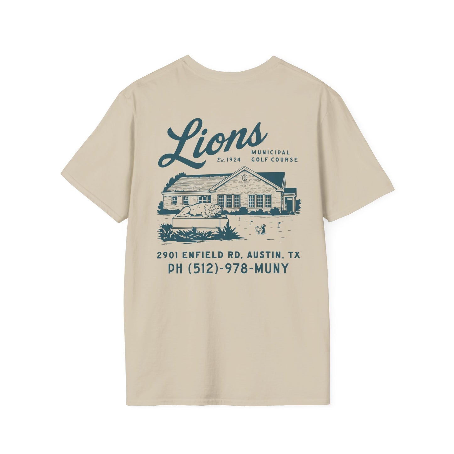 Course Correct Golf - Lions Muny Golf Tee - Tan t-shirt - Back