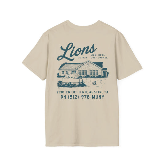 Course Correct Golf - Lions Muny Golf Tee - Tan t-shirt - Back