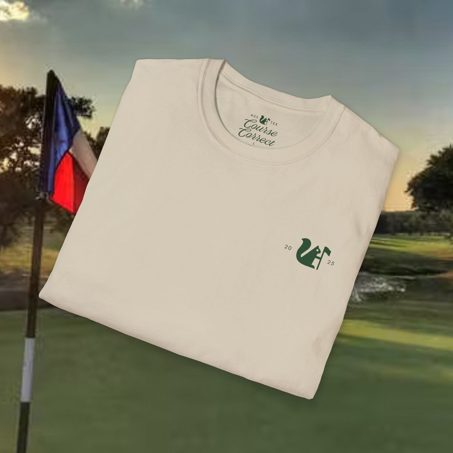 Course Correct Golf - Oakmont Golf Tee - Tan t-shirt - Fold