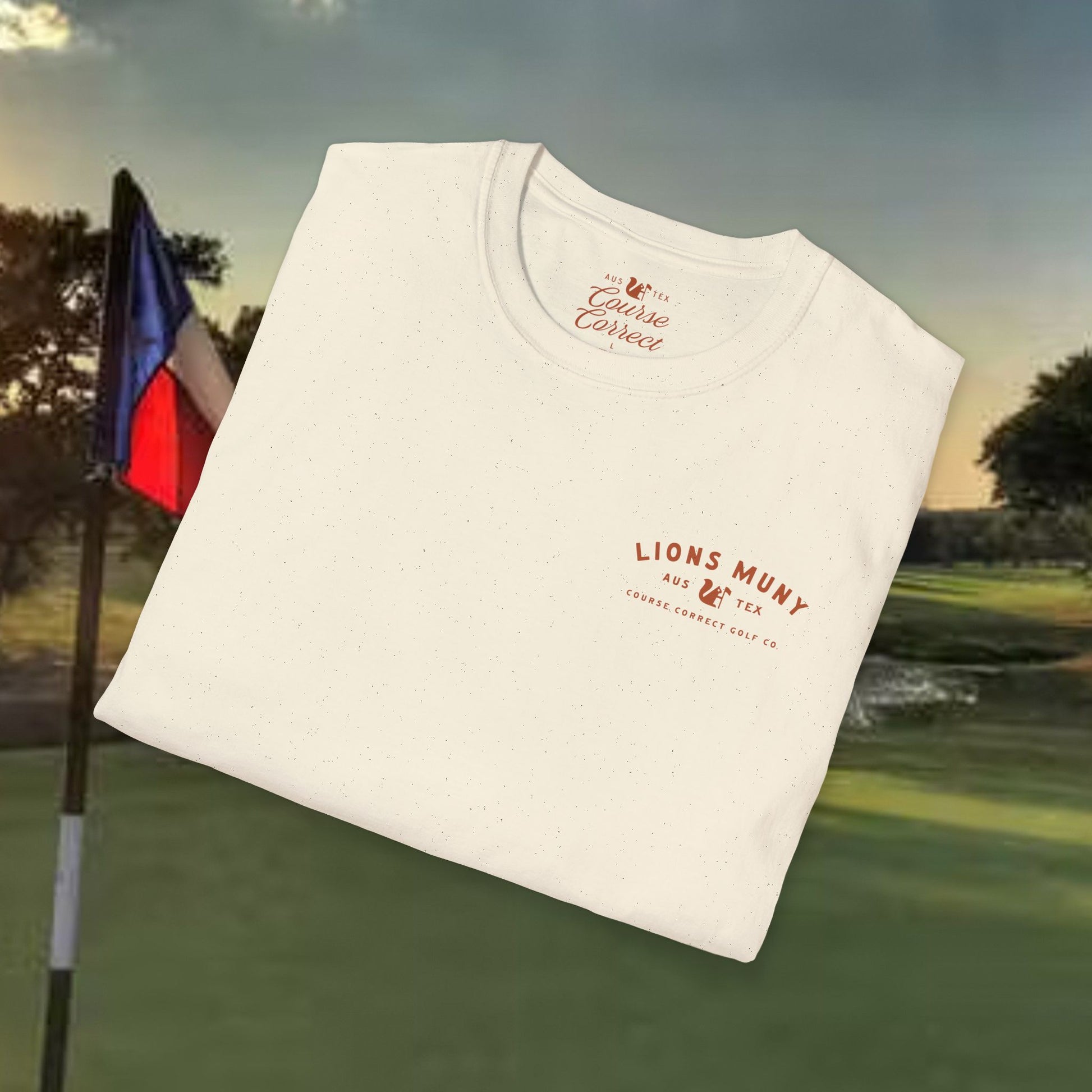 Course Correct Golf - Lions Muny Golf Tee - Cream t-shirt - Fold
