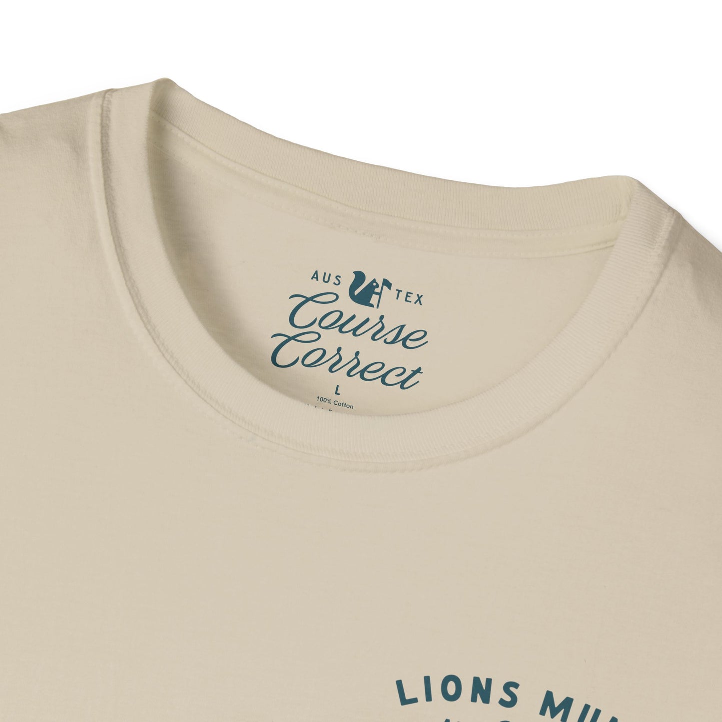 Course Correct Golf - Lions Muny Golf Tee - Tan t-shirt - Neck