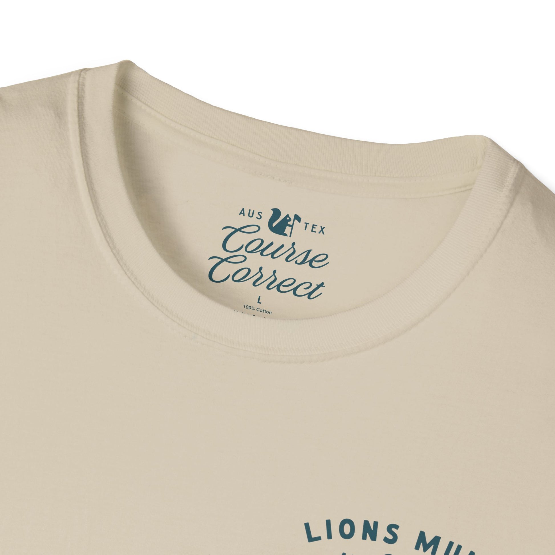 Course Correct Golf - Lions Muny Golf Tee - Tan t-shirt - Neck